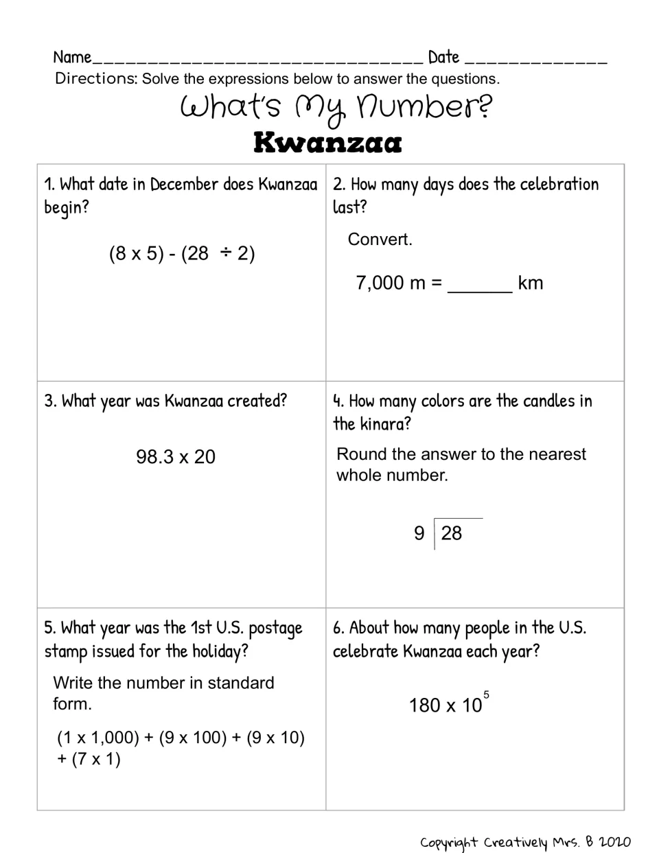 Six Kwanzaa trivia problems use order of operations, metric conversion, decimal multiplication, and more
