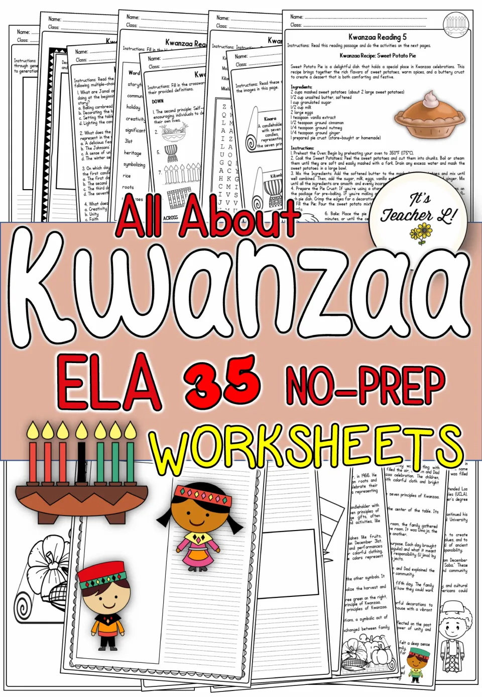 Cover of the Kwanzaa ELA packet advertising 35 no-prep worksheets, with samples of readings and activities
