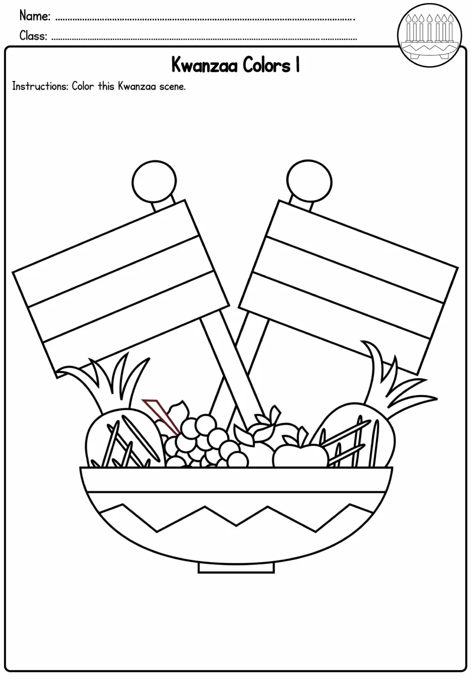 Kwanzaa coloring activity 1: two flags above a bowl of fruit and corn for students to color