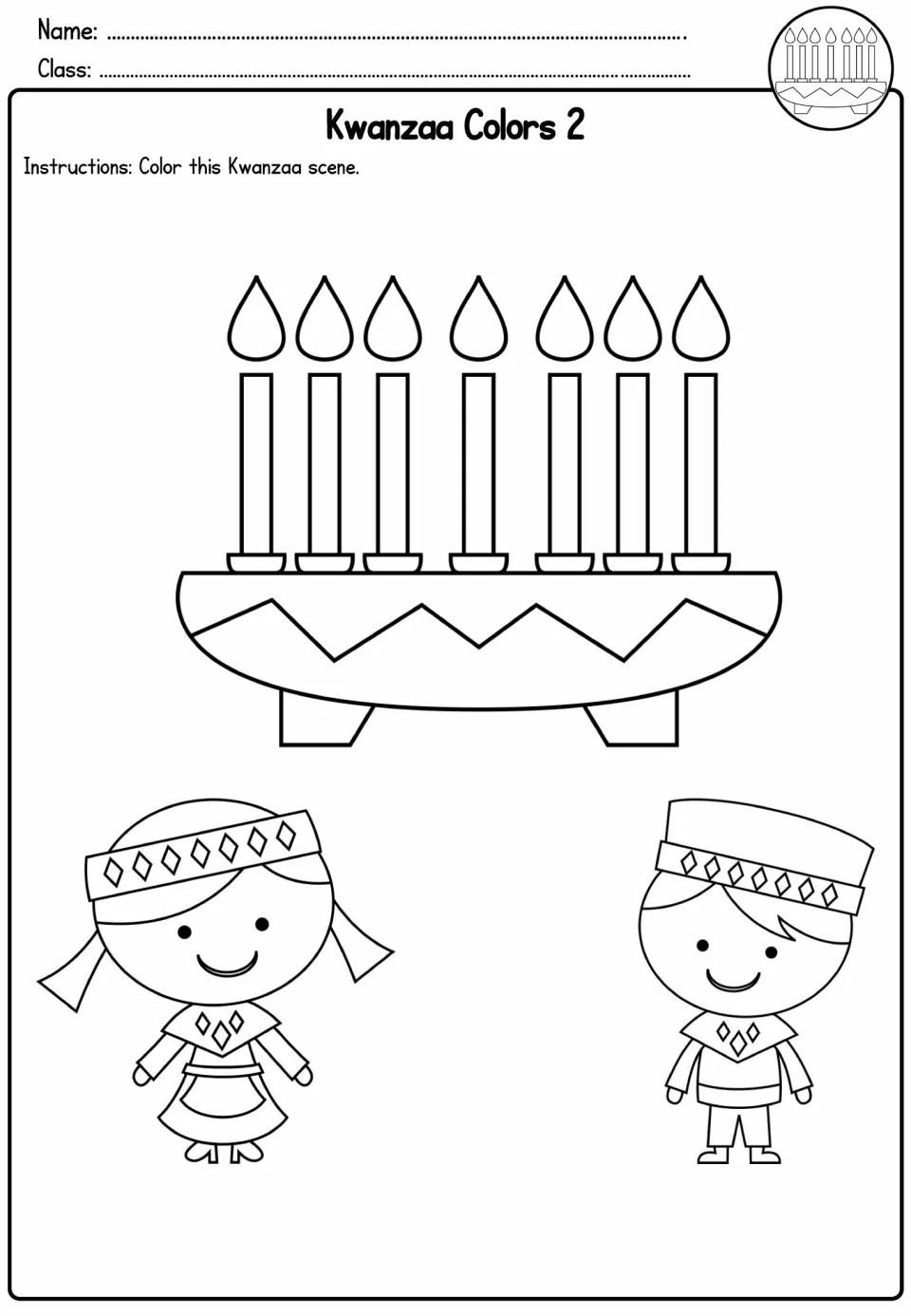 Kwanzaa coloring activity 2: a kinara holding seven candles above two children in patterned clothing