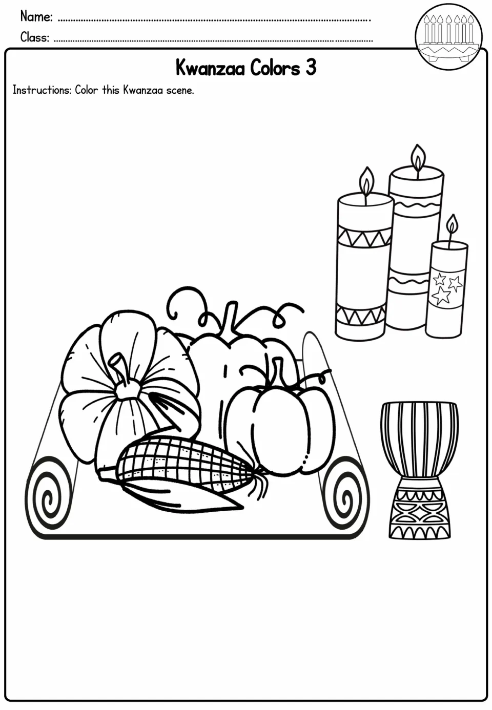 Kwanzaa coloring activity 3: pumpkins and corn on a mat, three decorated candles, and a patterned cup