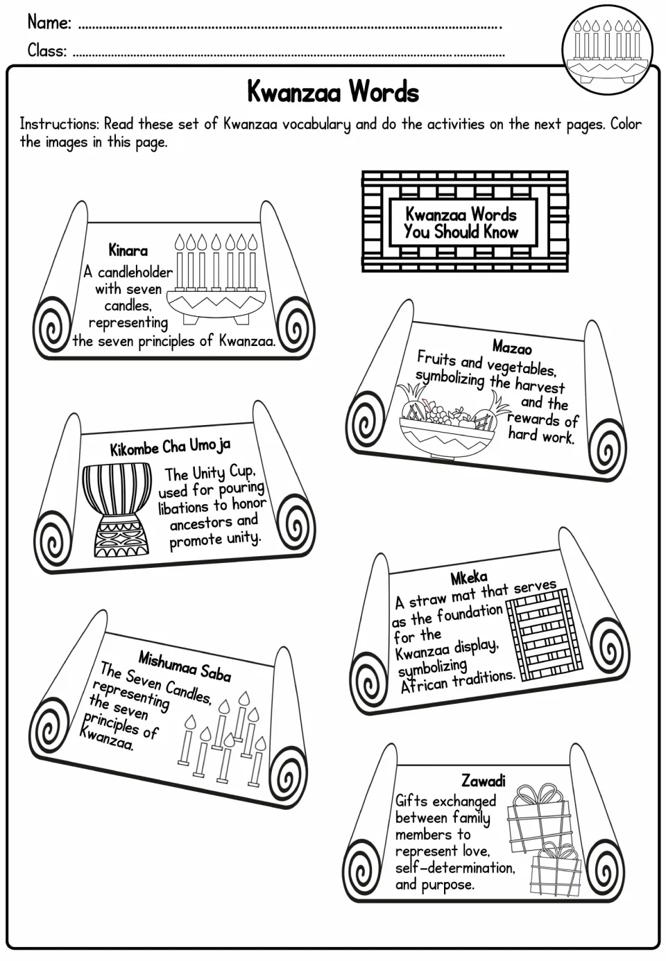 Kwanzaa vocabulary reference: Kinara (candleholder), Mazao (crops), Mkeka (mat), and three more terms