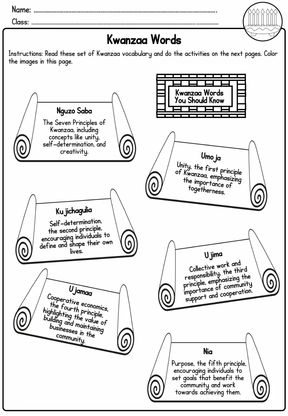 Kwanzaa vocabulary reference: Nguzo Saba (Seven Principles), Umoja (unity), and four more defined terms