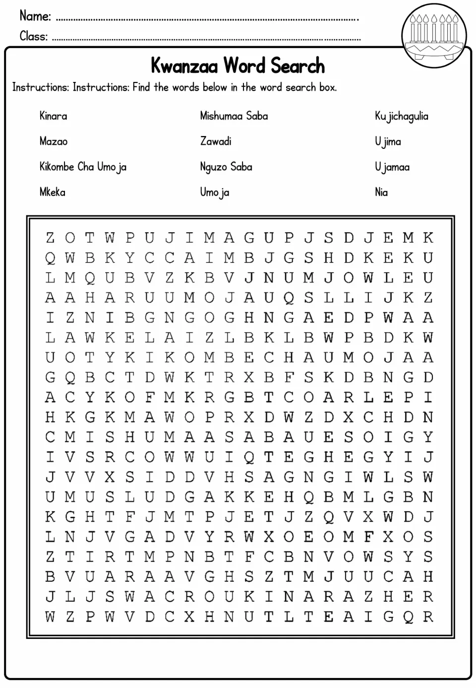 Kwanzaa word search reviewing 12 vocabulary terms, including Kinara (candleholder) and Umoja (unity)