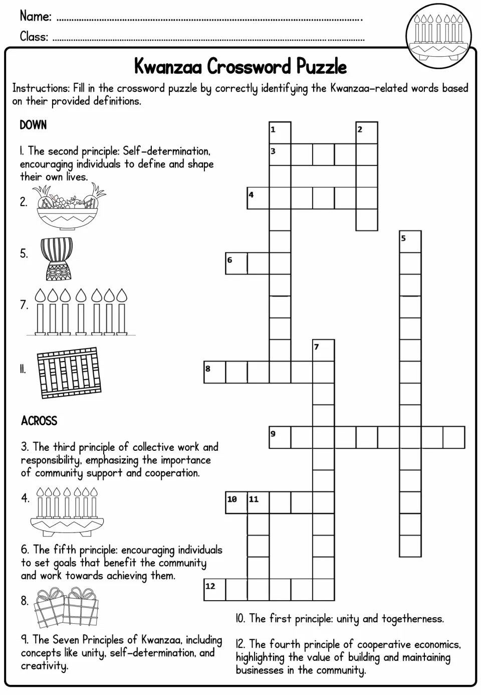 Kwanzaa crossword activity with 12 picture and definition clues about holiday symbols and principles