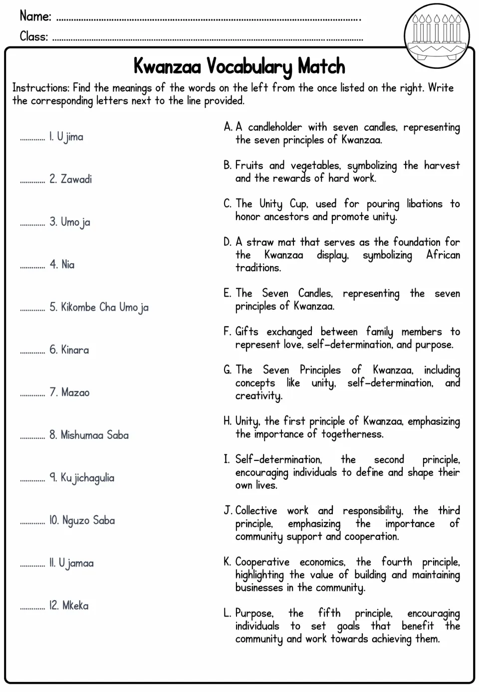 Kwanzaa vocabulary matching activity pairing 12 terms, including Ujima and Zawadi, with their meanings