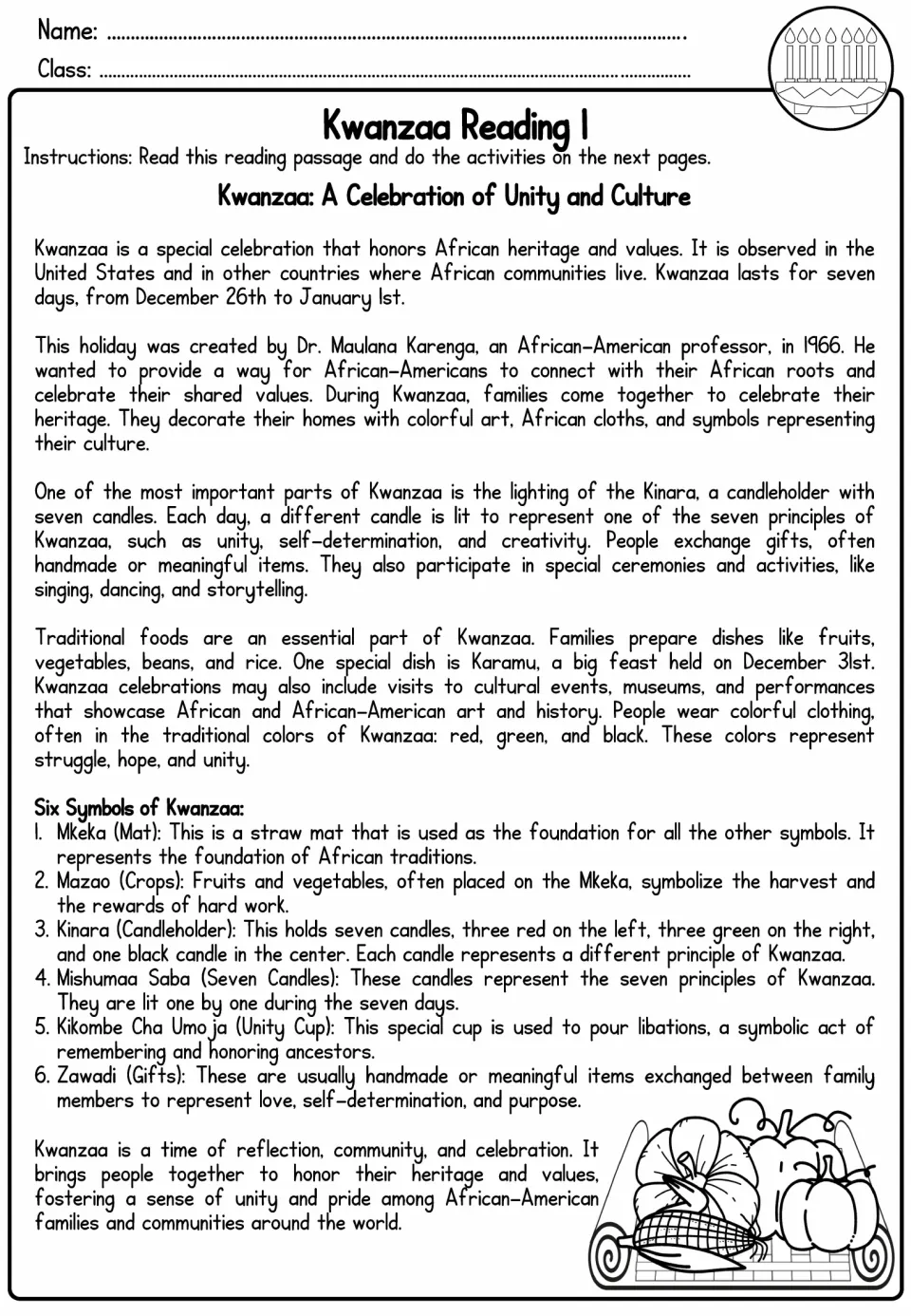 Kwanzaa reading 1 introduces the holiday's history, dates, celebrations, foods, and six named symbols