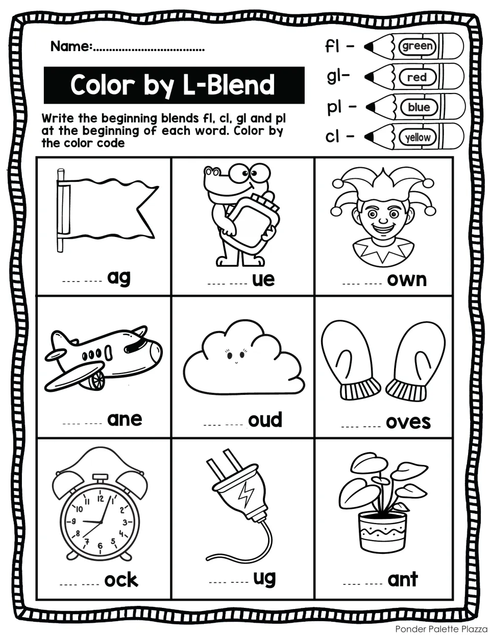 Color by L-Blend: students write fl, cl, gl or pl to finish 9 picture words like flag and clock, then color by code