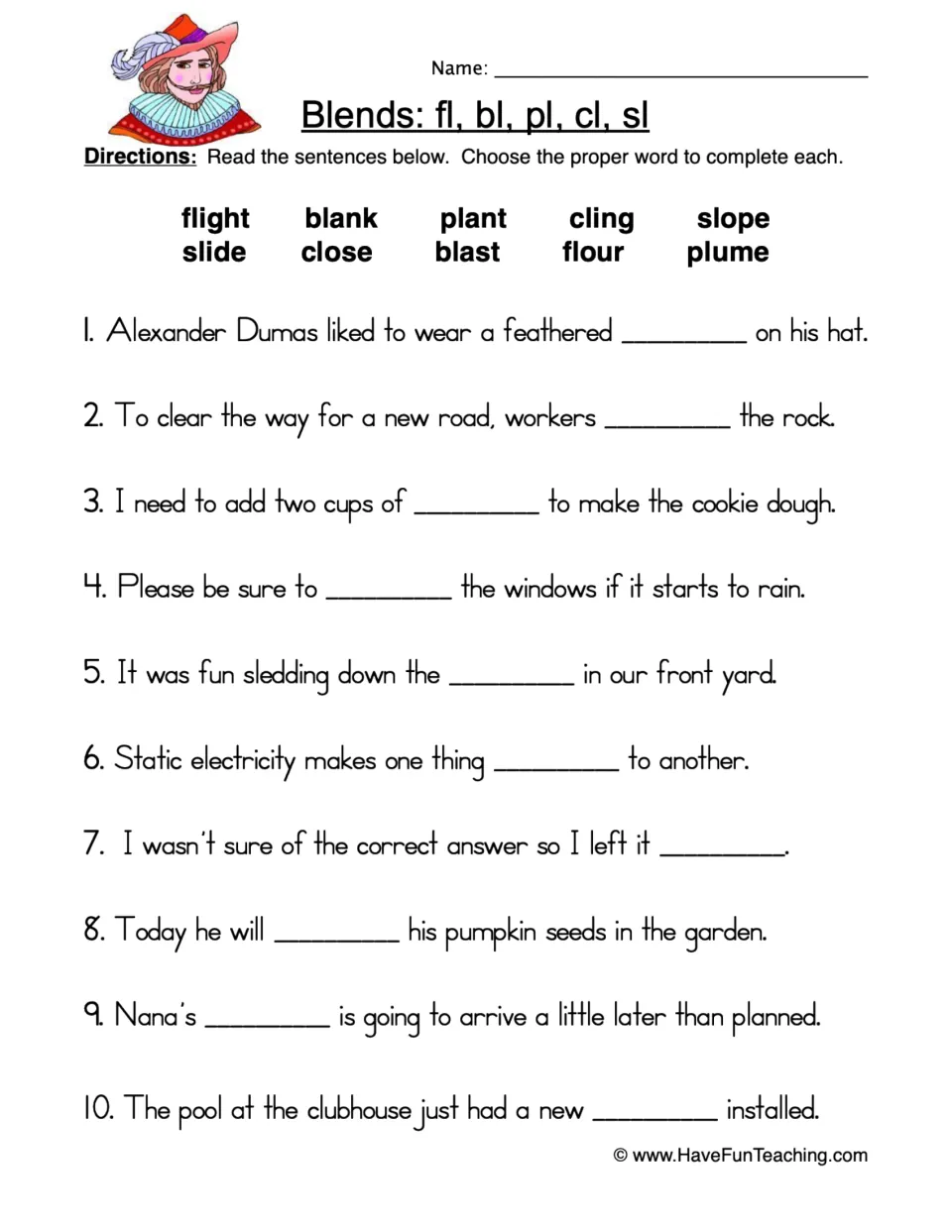 L-blend practice worksheet: 10 sentences to complete using flight, blank, plant, cling, slope and five more words