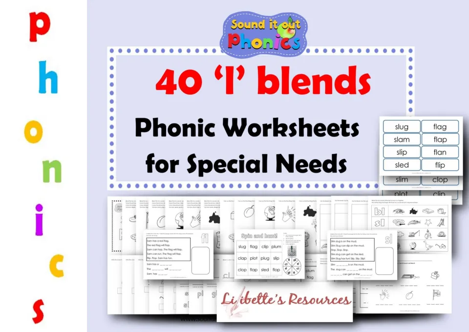 Cover: 40 'l' blends phonic worksheets for special needs, showing sl and fl word cards and a spin-and-hunt game
