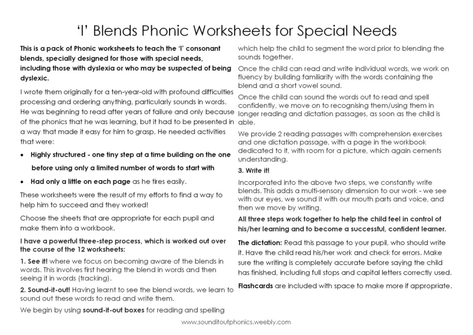 Teacher notes on the 'l' blend pack explaining the See it, Sound it out and Write it steps, plus dictation and flashcards