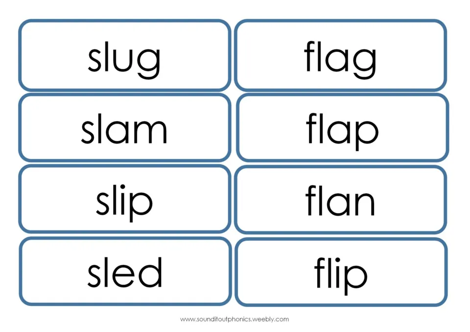 Flashcards for sl and fl blends: slug, slam, slip, sled, flag, flap, flan and flip, printed for word reading practice