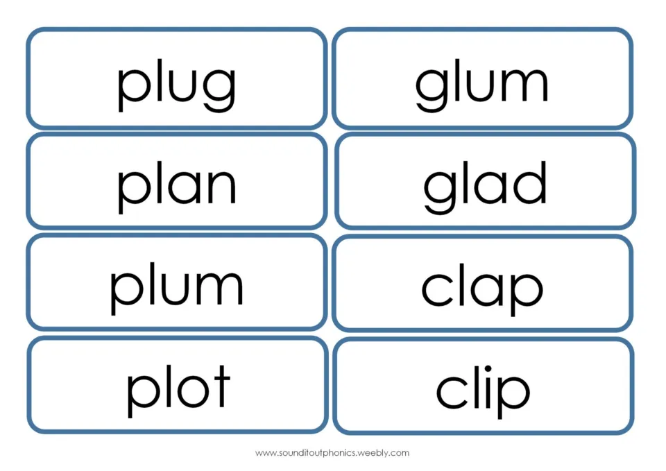 Flashcards for pl, gl and cl blends: plug, plan, plum, plot, glum, glad, clap and clip to cut out and read aloud