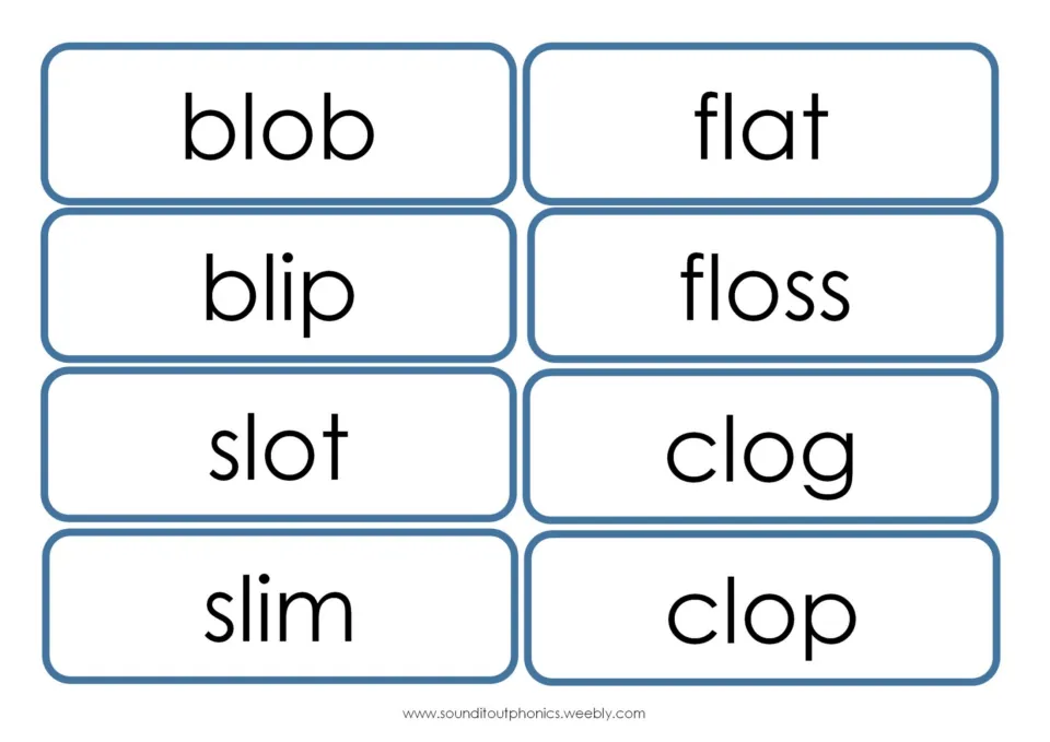 Flashcards mixing bl, sl, fl and cl blends: blob, blip, slot, slim, flat, floss, clog and clop for word reading