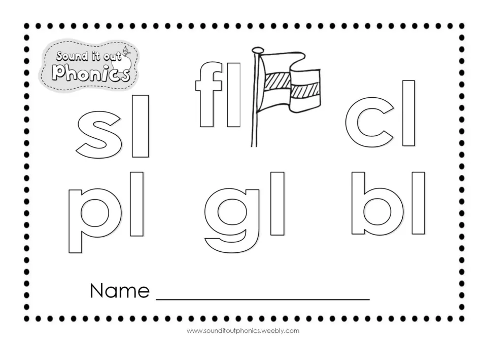 Six l blends to colour: sl, fl, cl, pl, gl and bl in outline letters beside a flag picture, with a line for a name