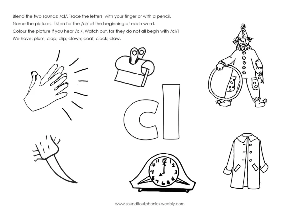 /cl/ picture hunt: students trace cl, name pictures such as clap, clown and clock, and colour only the /cl/ words