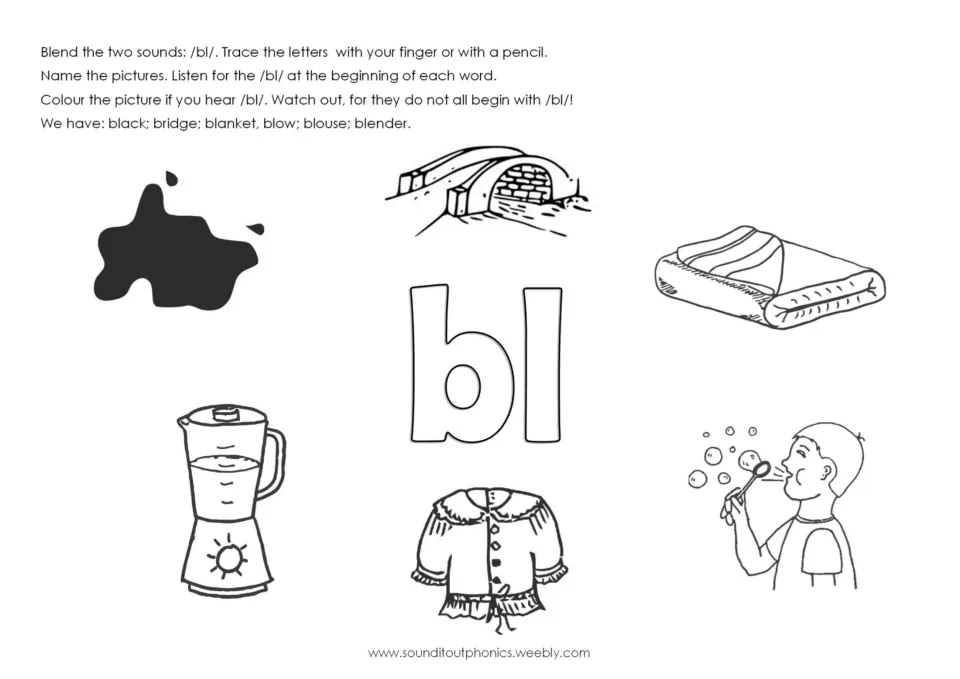/bl/ picture hunt: students trace bl, name pictures like blanket, blender and blouse, then colour the /bl/ ones