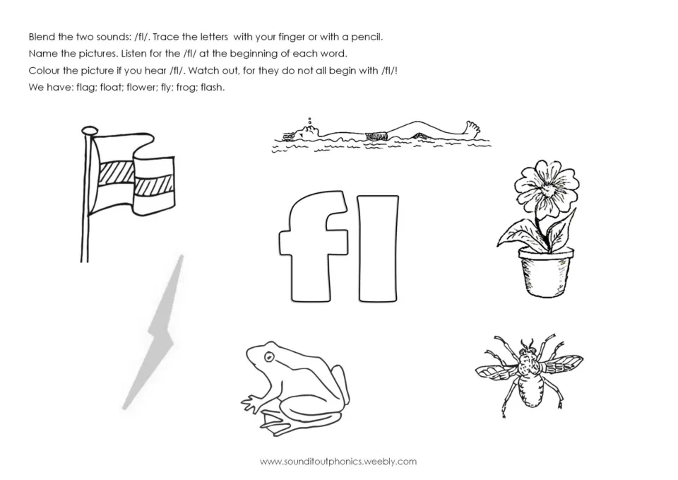 /fl/ picture hunt: trace fl, then name and colour pictures that begin with /fl/, like flag, flower and float