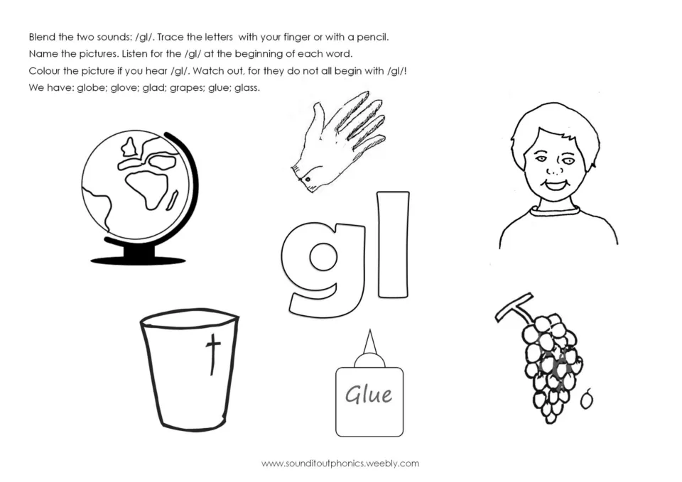 /gl/ picture hunt: students trace gl and colour pictures starting with /gl/, such as globe, glove, glue and glass