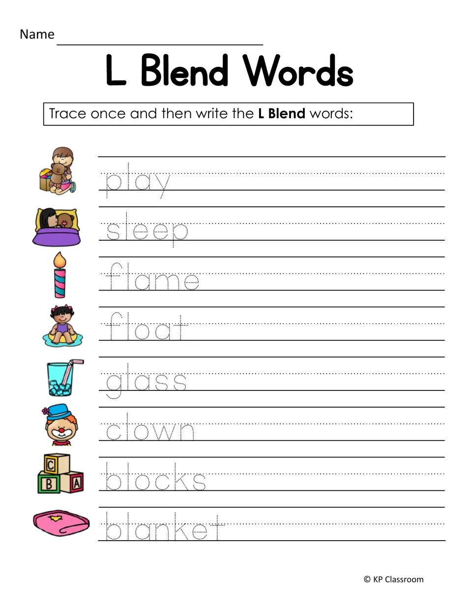 L-blend tracing practice uses eight words: play, sleep, flame, float, glass, clown, blocks, and blanket.