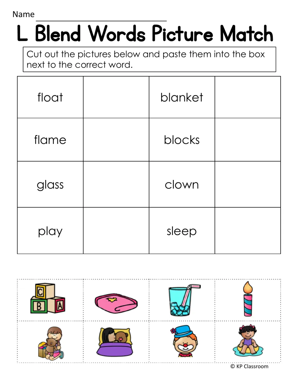 L-blend picture matching asks students to cut and paste pictures for float, flame, glass, play, and four more.