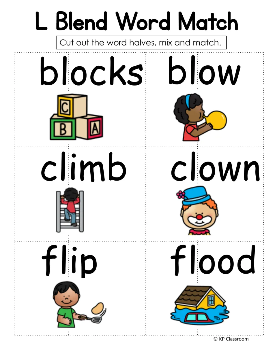L-blend word-half matching sheet has six illustrated words: blocks, blow, climb, clown, flip, and flood.