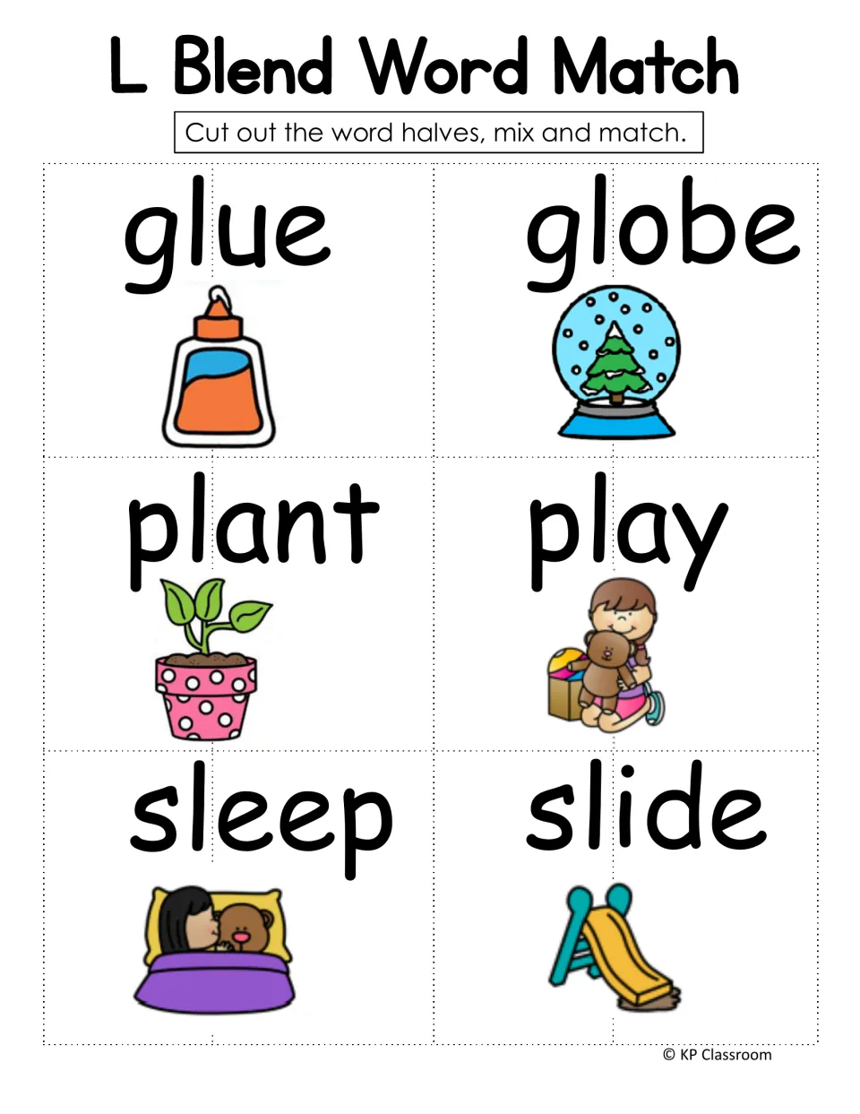 L-blend word-half matching sheet has six illustrated words: glue, globe, plant, play, sleep, and slide.