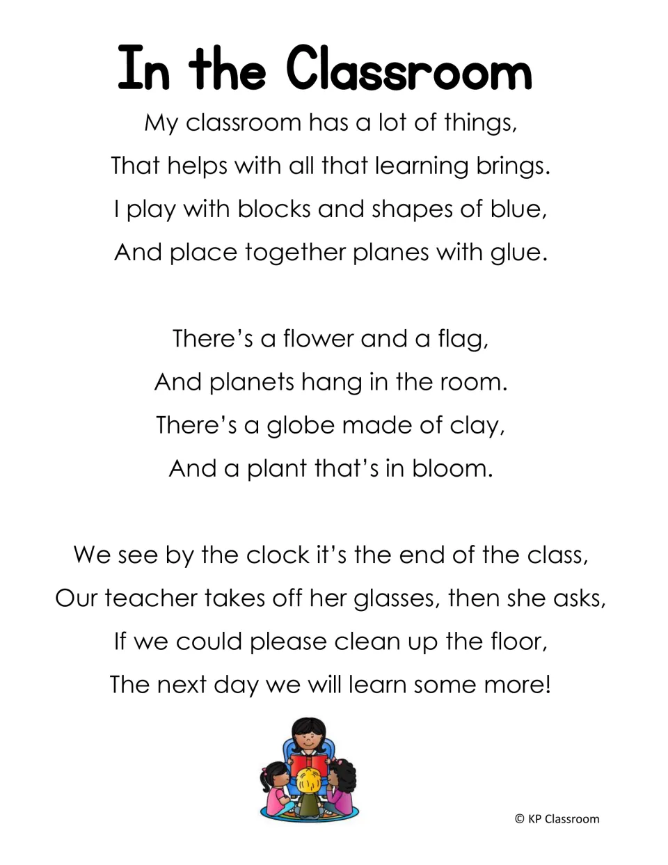 The poem “In the Classroom” uses L-blend words such as blocks, blue, planes, glue, flower, flag, and globe.