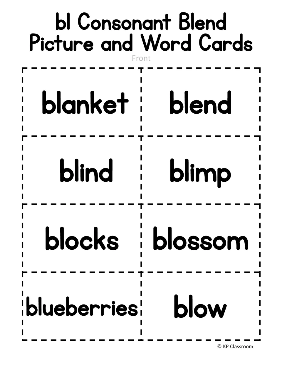 Eight bl- word-card fronts: blanket, blend, blind, blimp, blocks, blossom, blueberries, and blow.