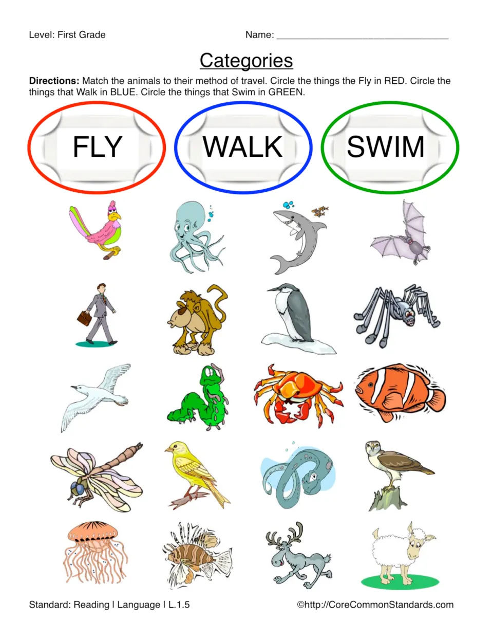 Animal sorting worksheet: circle pictures that fly in red, walk in blue, and swim in green among 20 items.
