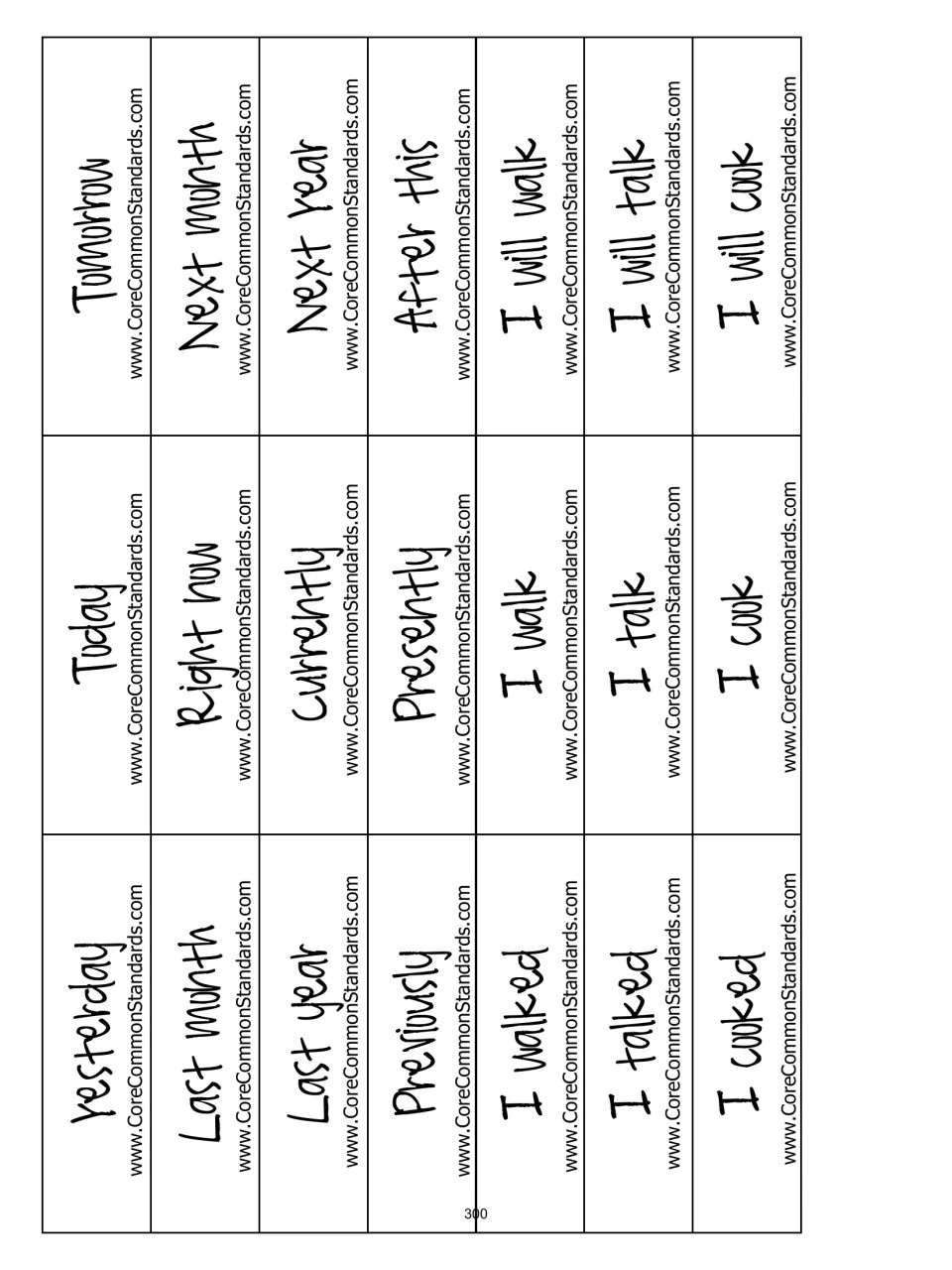 Set of 21 tense sorting cards with time clues and walk, talk, and cook examples in past, present, and future
