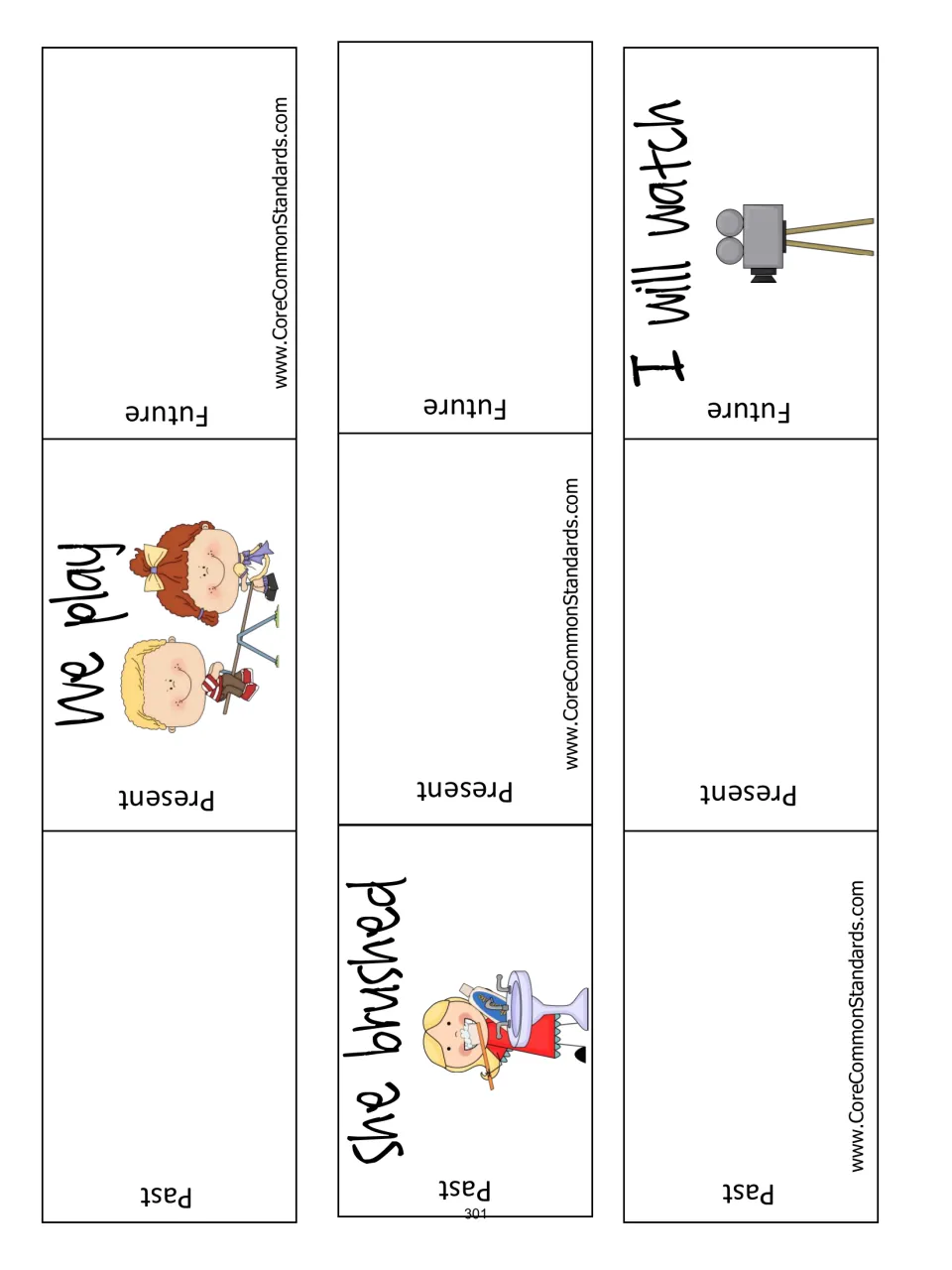 Three verb strips to complete in past, present, and future, starting with We play, She brushed, and I will watch