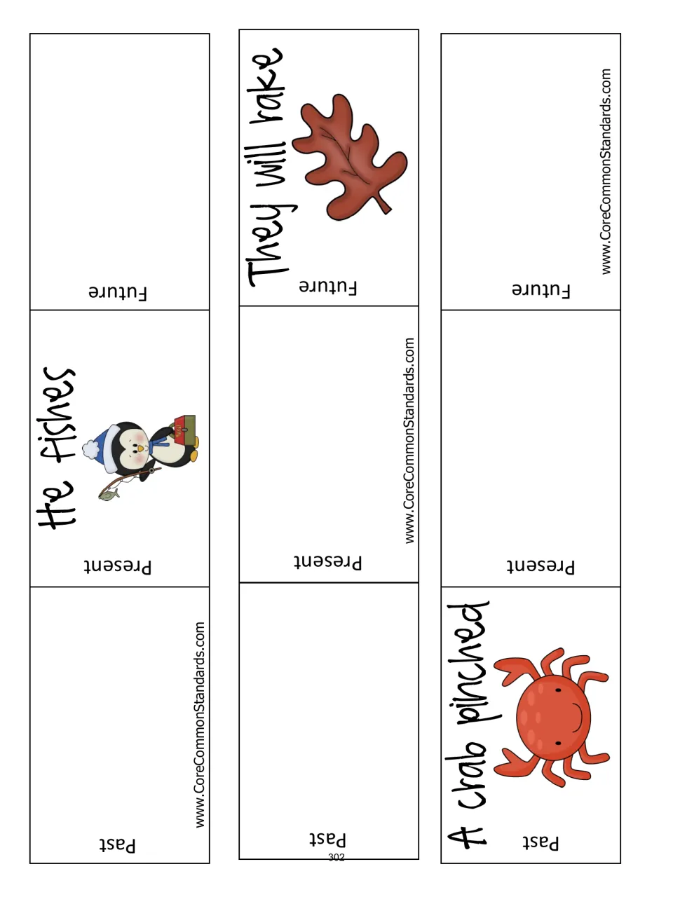 Three more verb tense strips to complete, starting with He fishes, They will rake, and A crab pinched