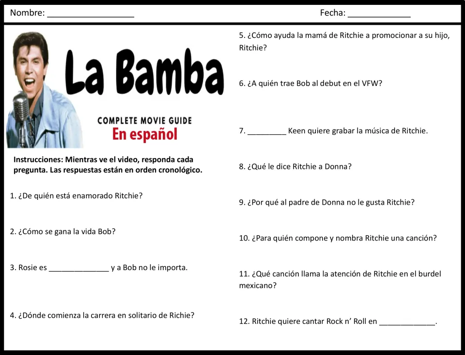 Spanish movie guide questions 1–12 cover Ritchie's romance, Bob, family support, and early music career.