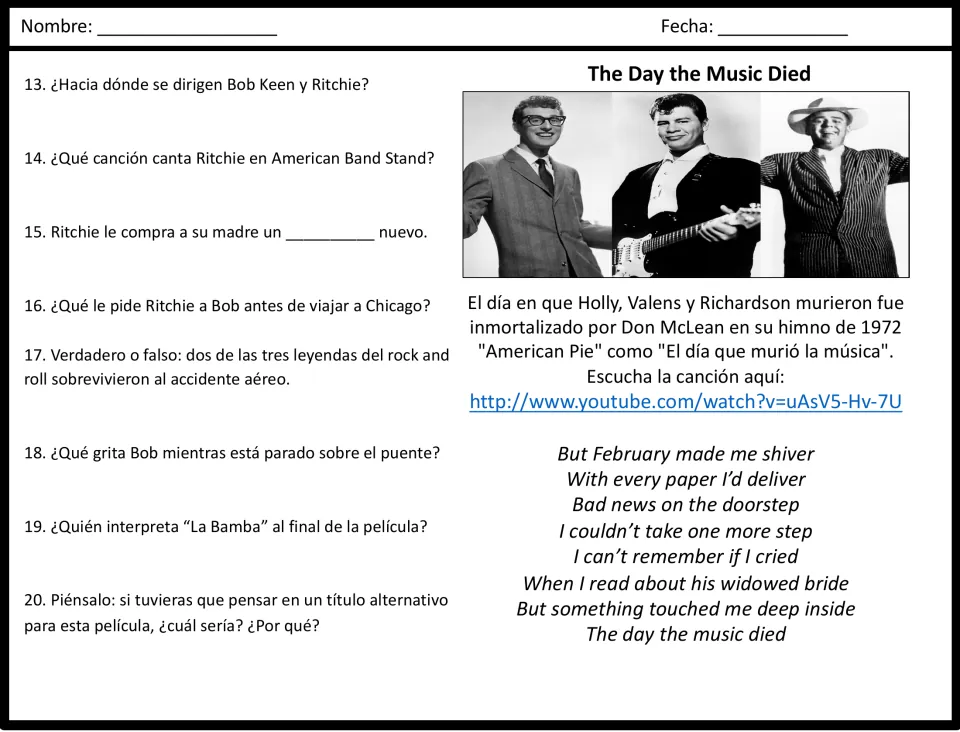Spanish movie guide questions 13–20 cover Ritchie's fame and death, followed by an “American Pie” excerpt.