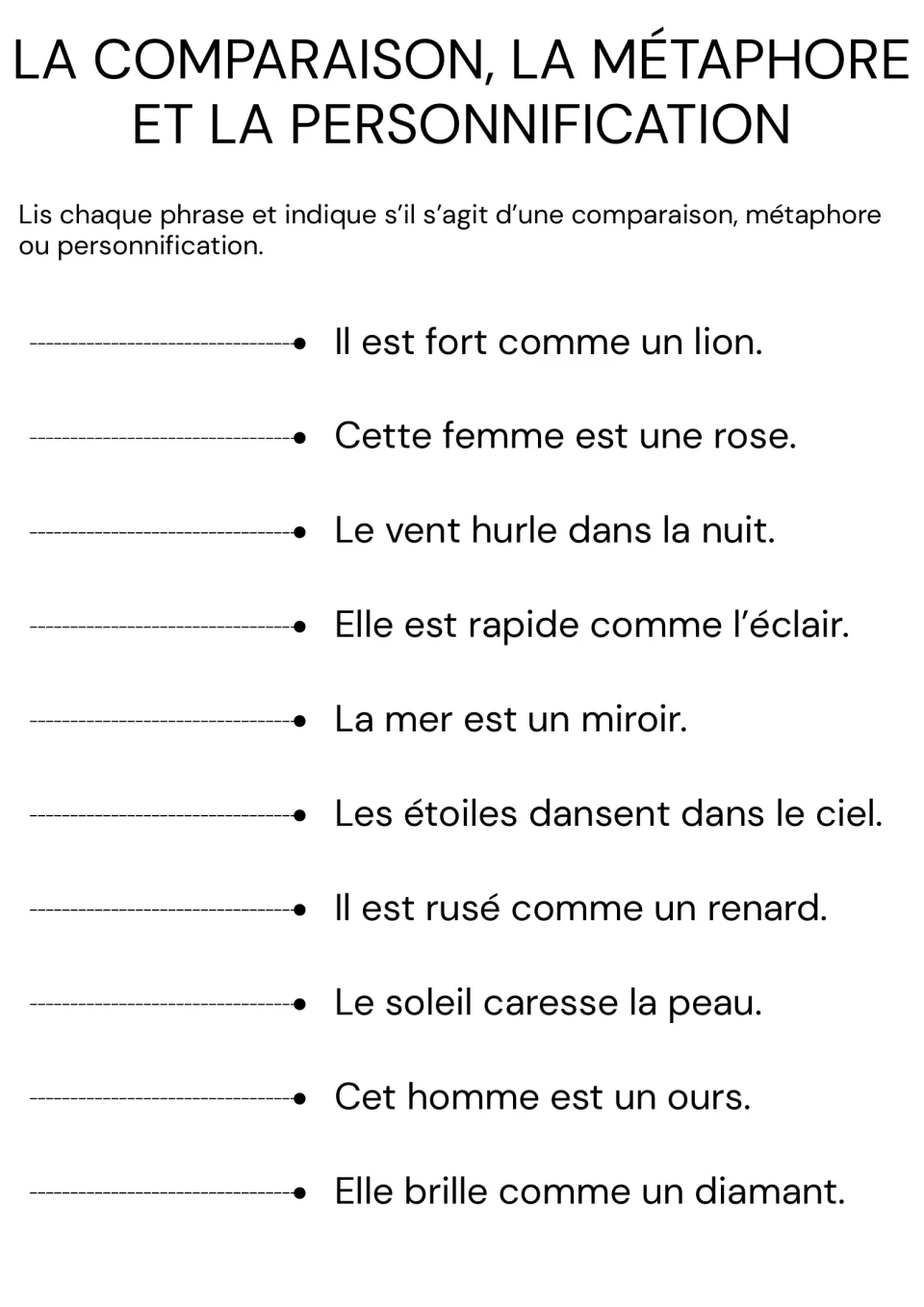 French figures of speech: students label 10 sentences, like La mer est un miroir, as simile, metaphor or personification