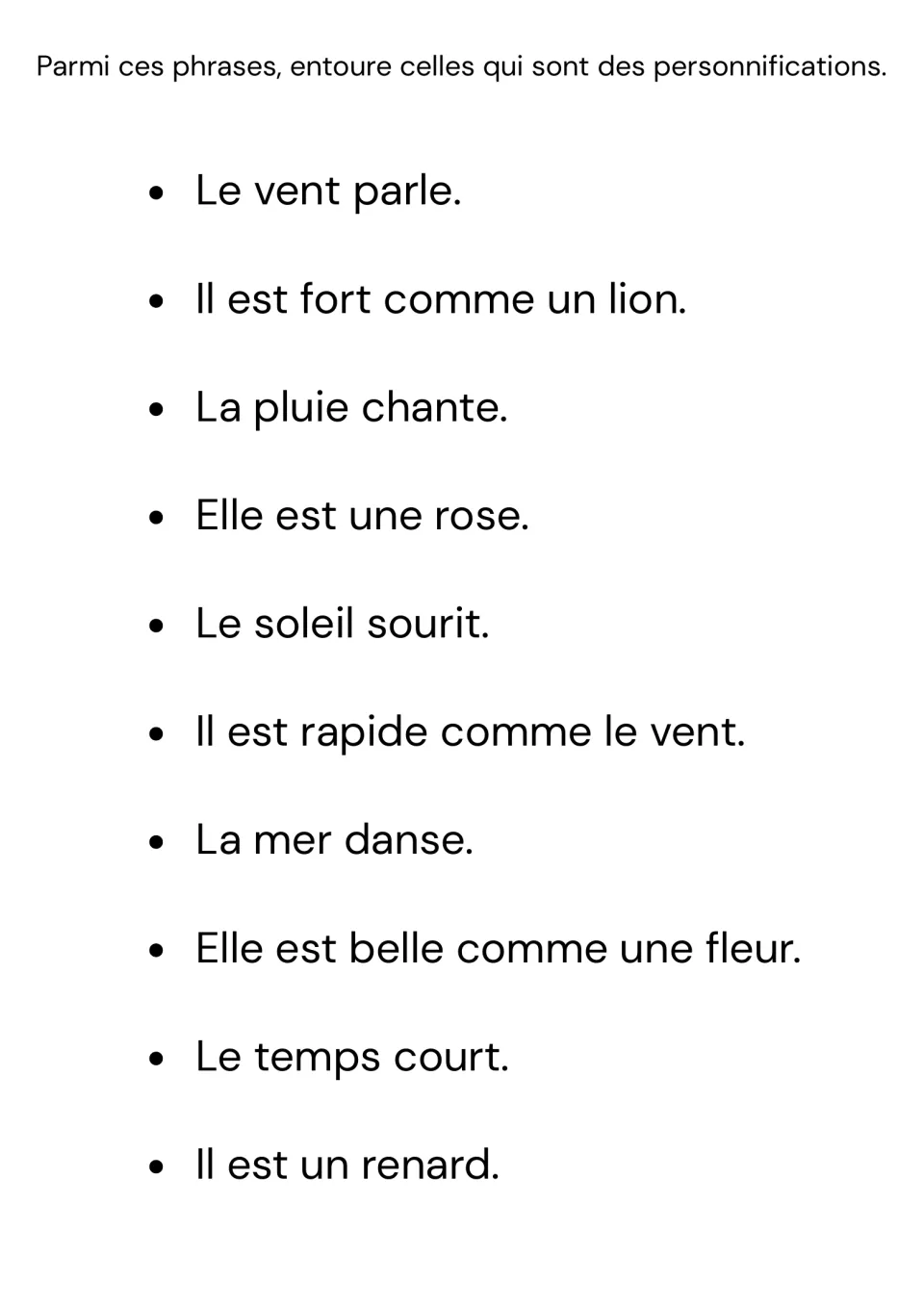 Spotting personification: students circle the French sentences that personify, like Le vent parle, among 10 mixed figures