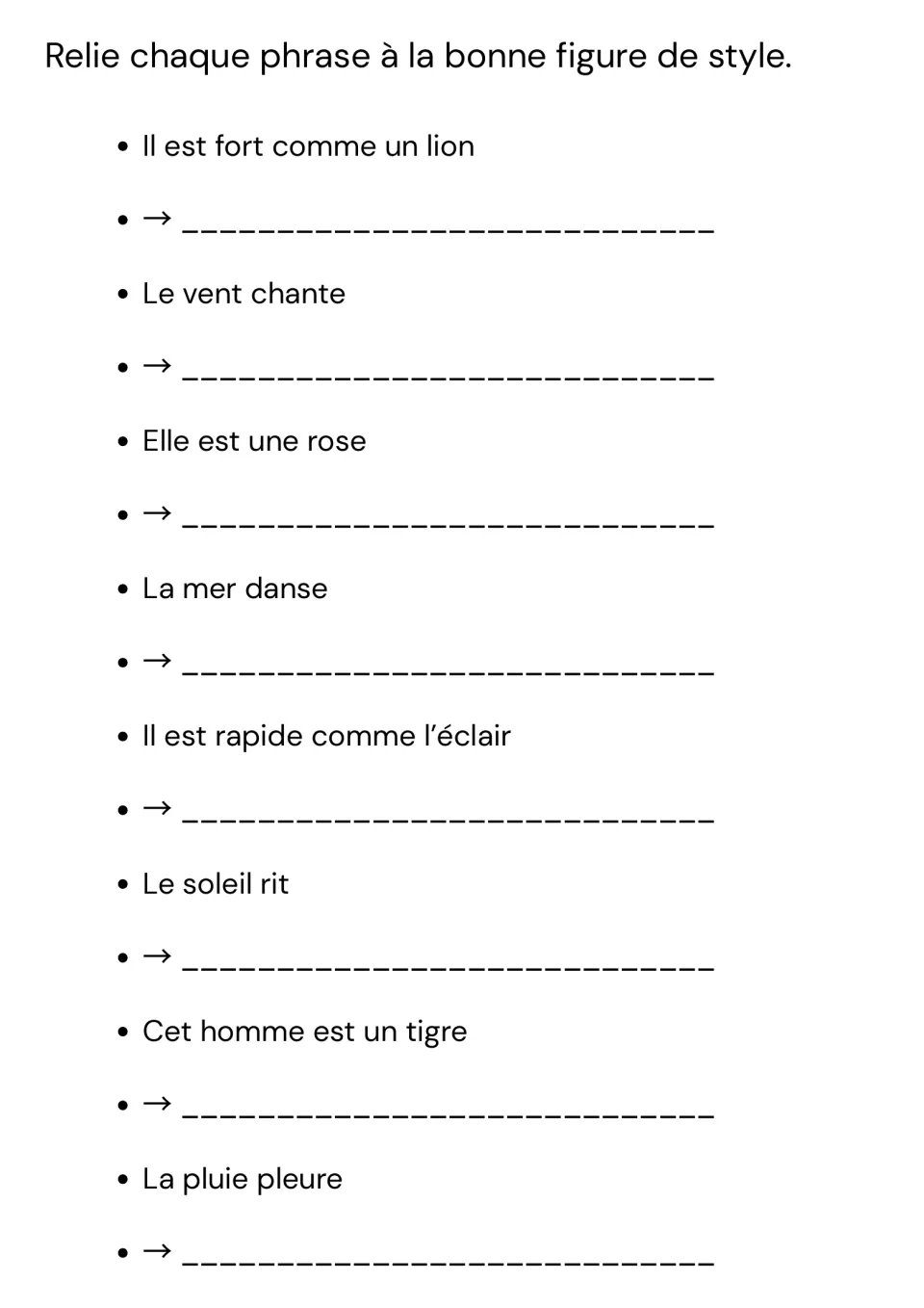 Naming the figure: students write the figure of speech for 8 sentences, from La mer danse to Cet homme est un tigre
