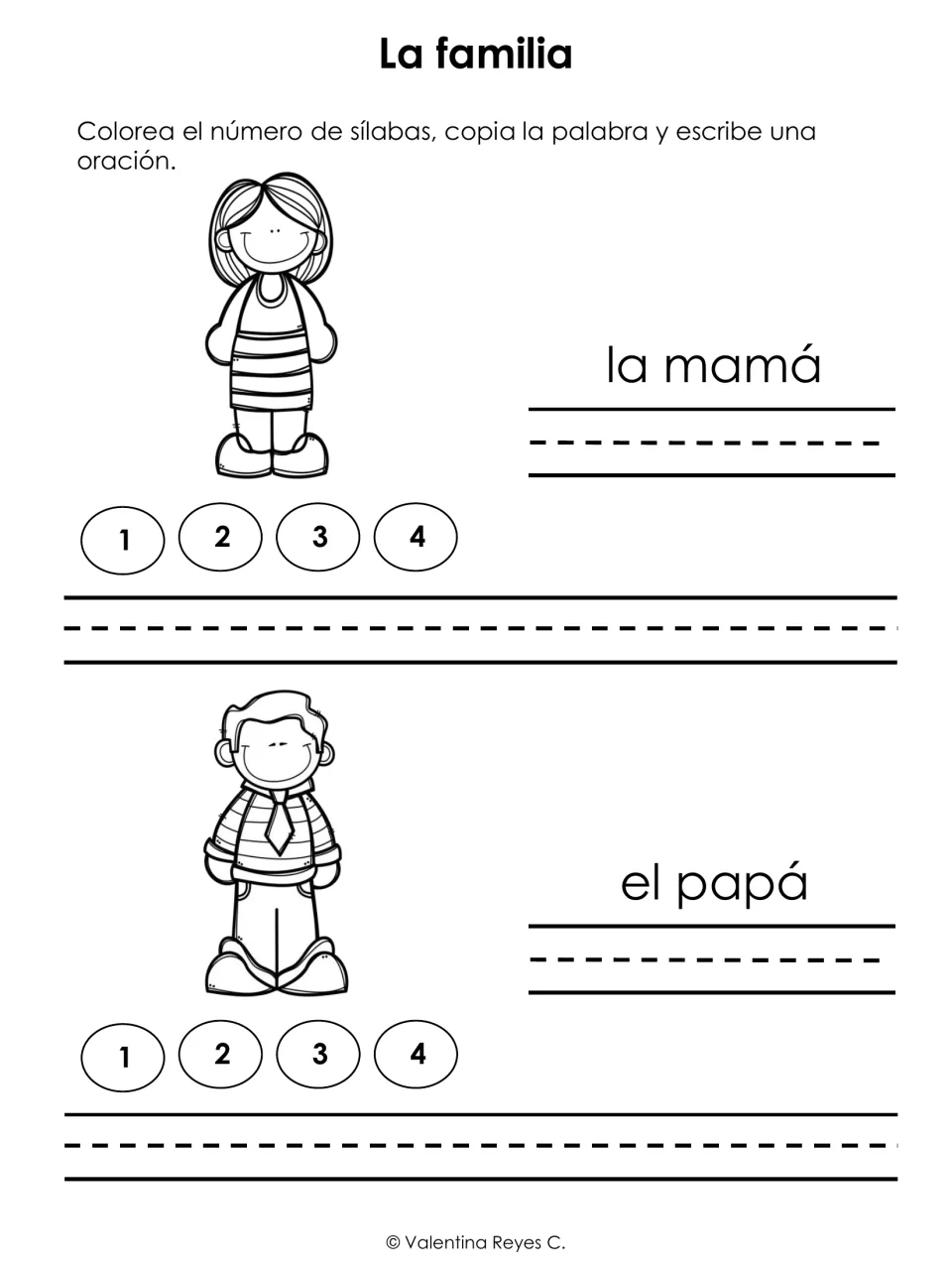 Family activity 1: la mamá (mom) and el papá (dad), with syllable counting, copying, and sentence writing