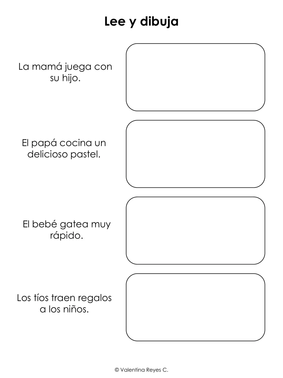 Read-and-draw activity: four Spanish sentences about mom playing, dad baking, baby crawling, and gifts