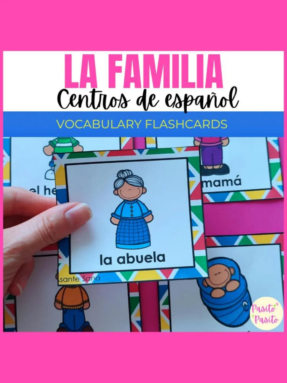 La Familia, Centros de español: Spanish family vocabulary flashcards, shown with a hand holding the la abuela card