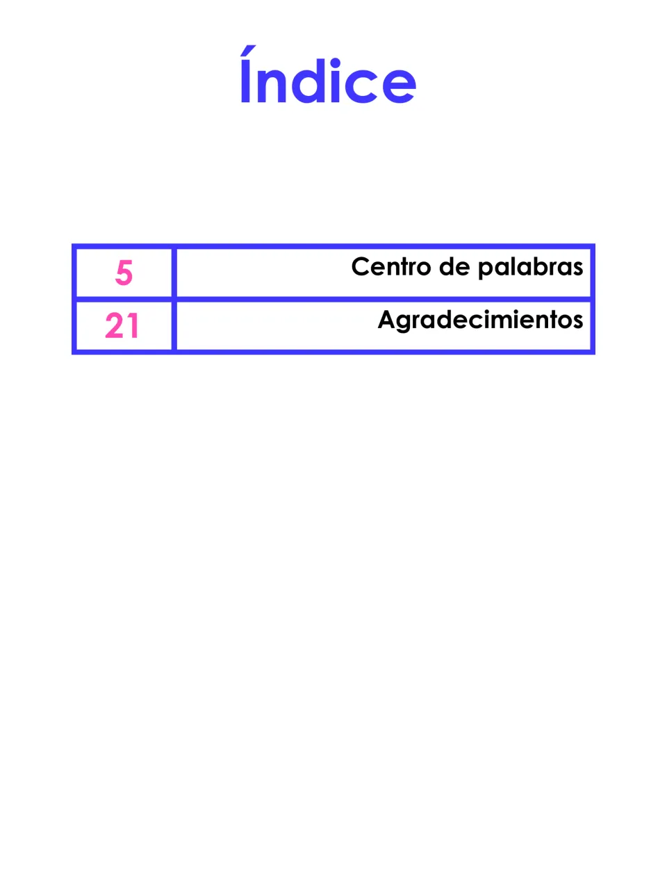 Índice (table of contents) in Spanish listing Centro de palabras on page 5 and Agradecimientos on page 21