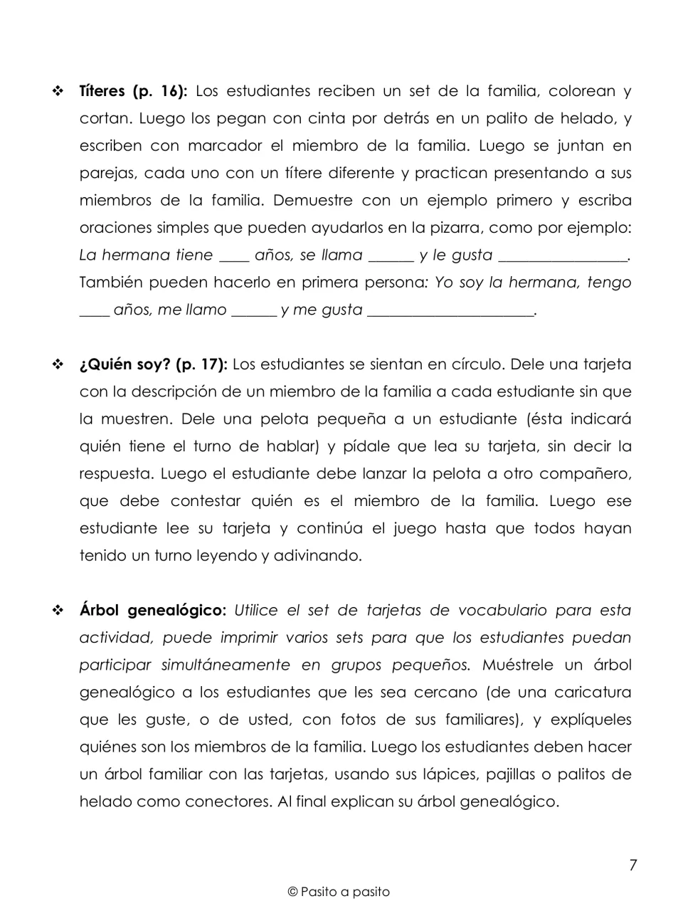 Spanish directions for family puppets with sentence frames, the ¿Quién soy? guessing game and building a family tree