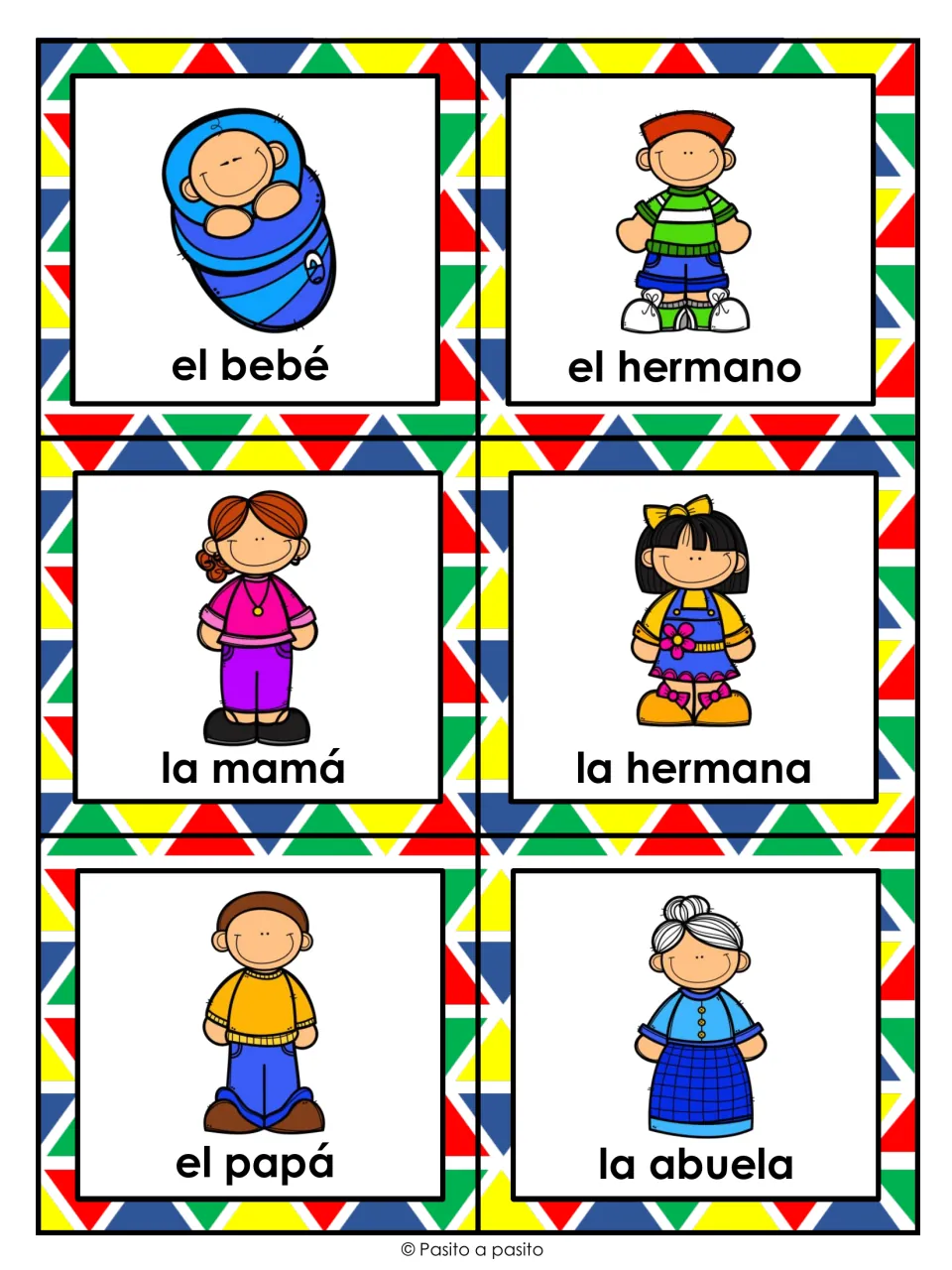 Family vocabulary flashcards: el bebé, el hermano, la mamá, la hermana, el papá and la abuela, each with a picture
