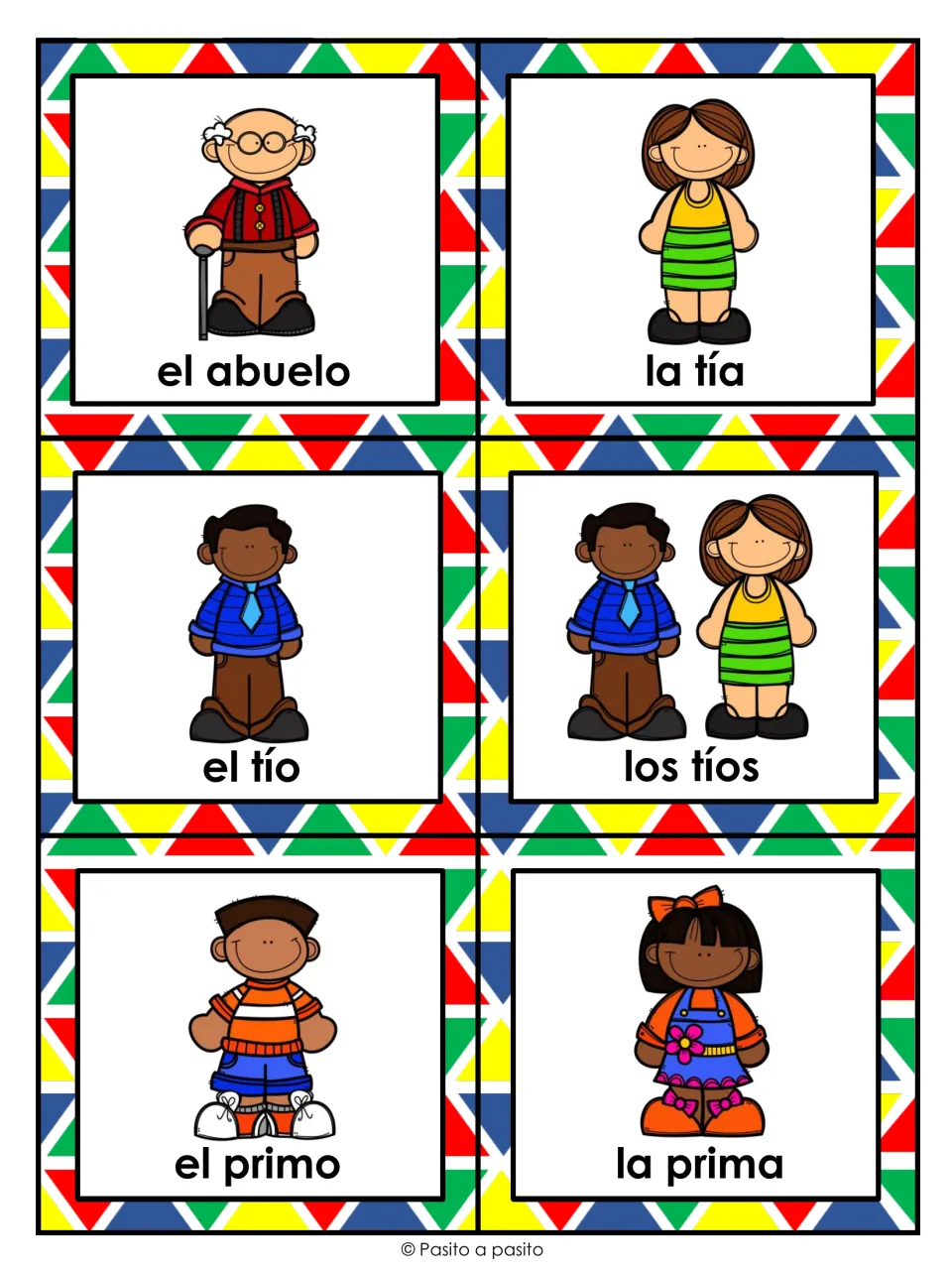 Family vocabulary flashcards: el abuelo, la tía, el tío, los tíos, el primo and la prima, each with an illustration