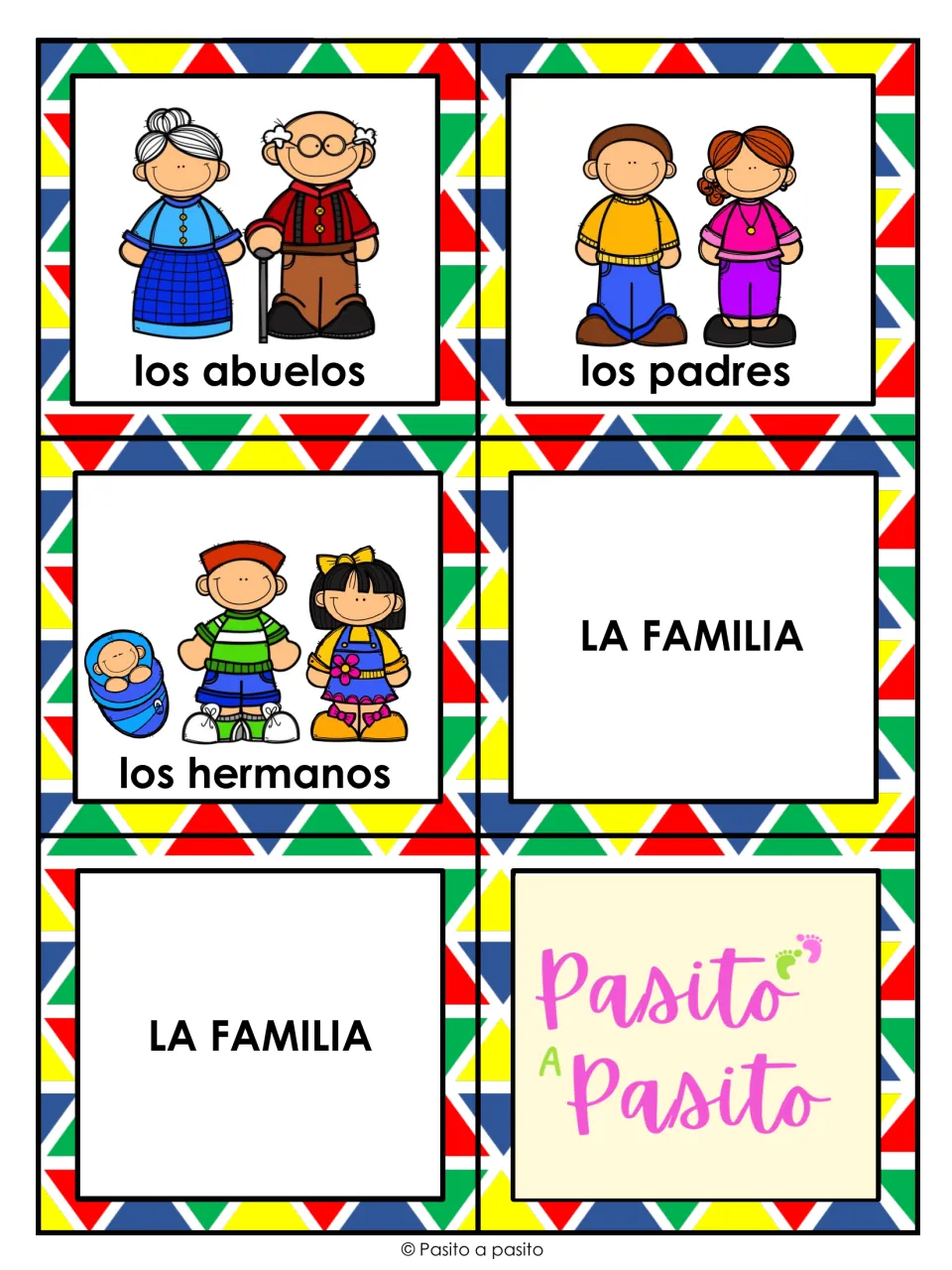 Plural family flashcards los abuelos, los padres and los hermanos, plus two LA FAMILIA title cards and a logo card