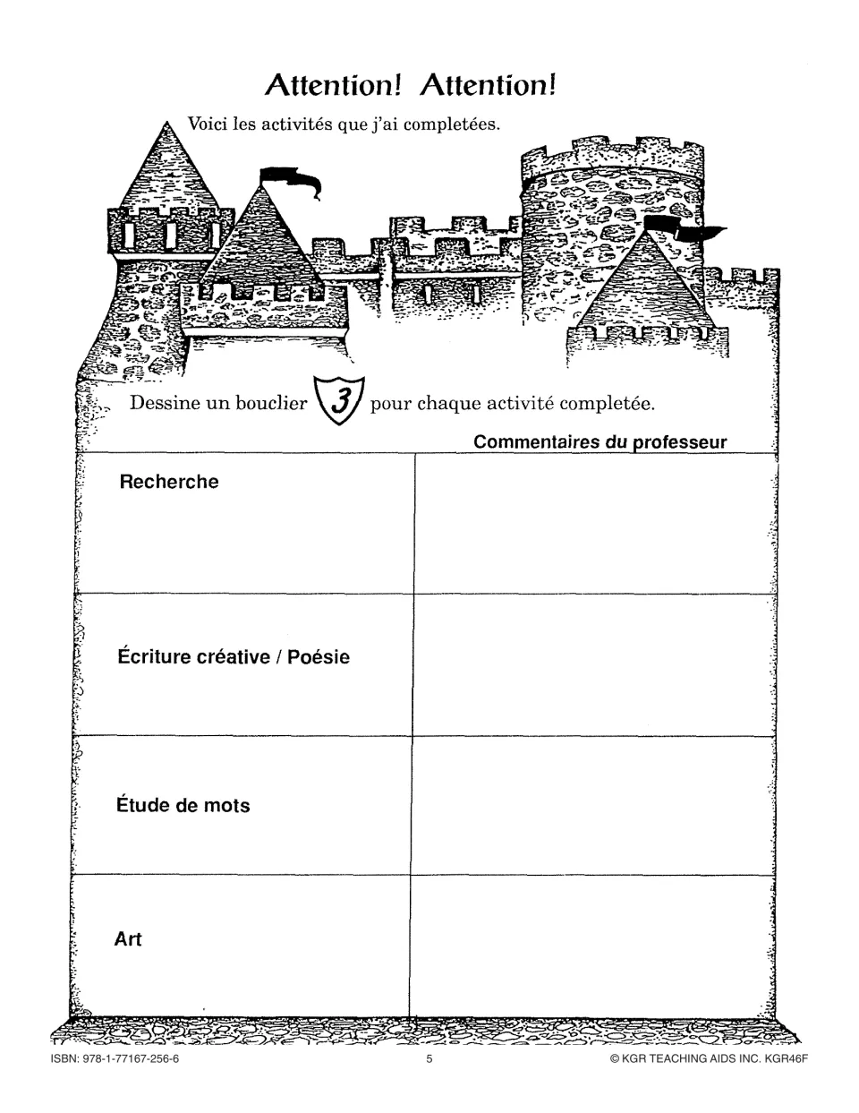 Student activity tracker: draw a shield per completed activity in research, creative writing, word study and art