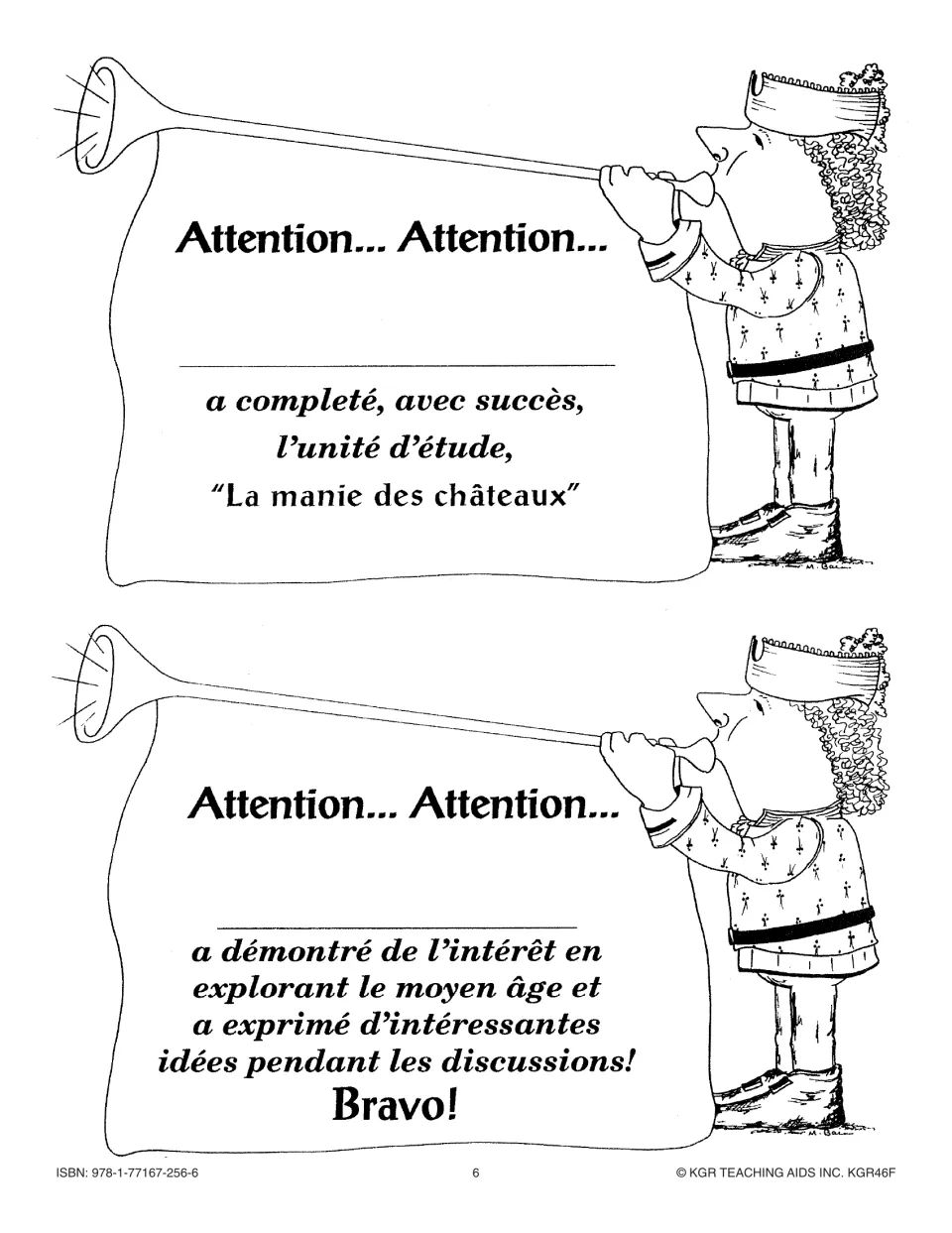 Two 'Attention... Attention...' certificates with a herald: one for completing the unit, one for interest and ideas