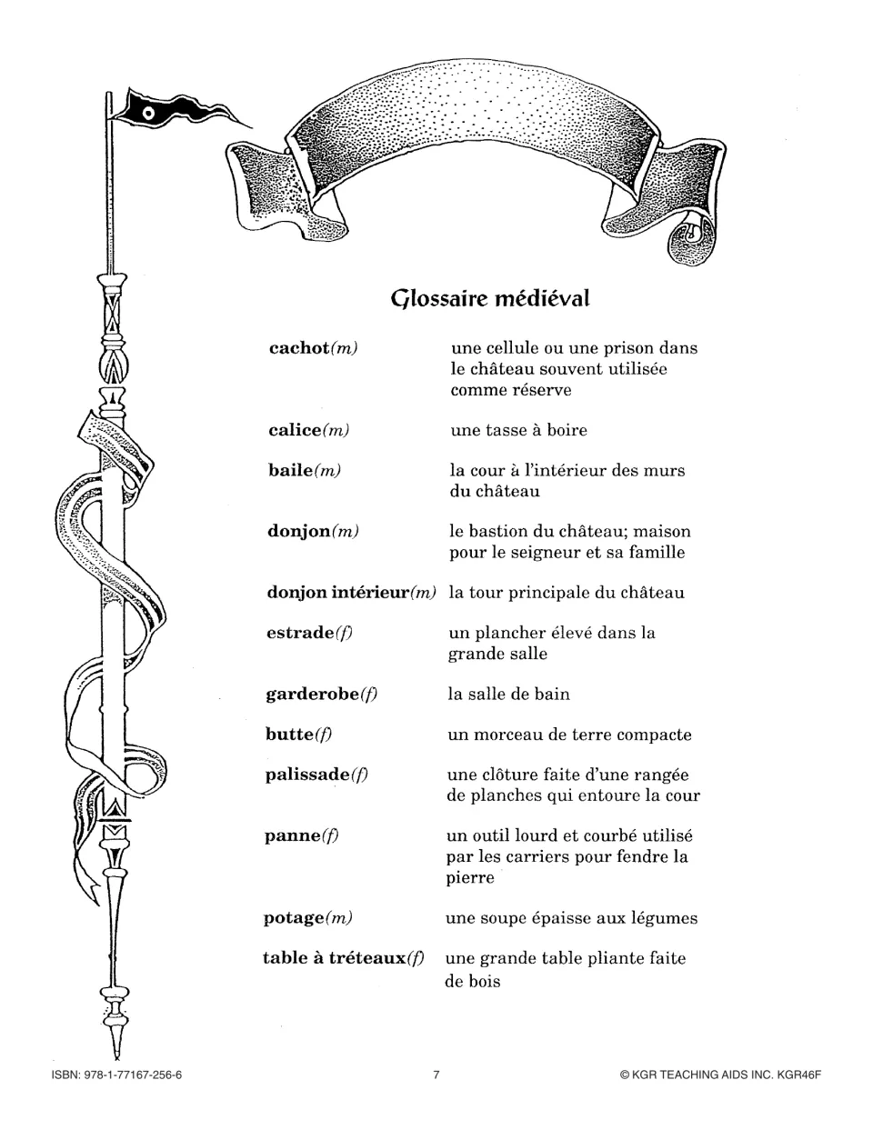 Glossaire médiéval (medieval glossary): cachot (dungeon), calice (cup), donjon (keep) and 9 more terms