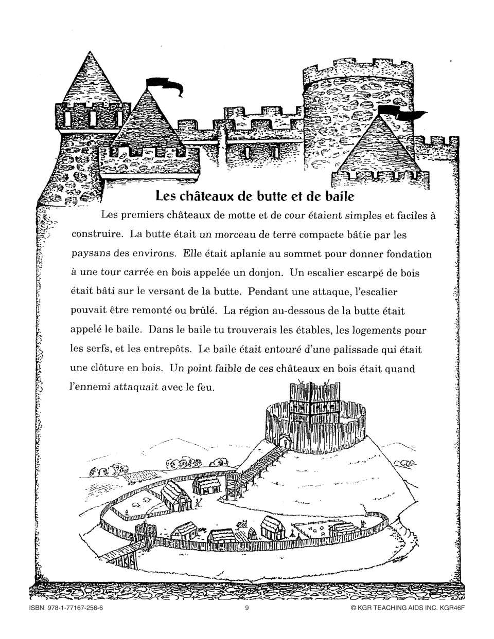 Reading on motte-and-bailey castles (butte et baile): earth mound, wooden donjon, palisade, with an illustration